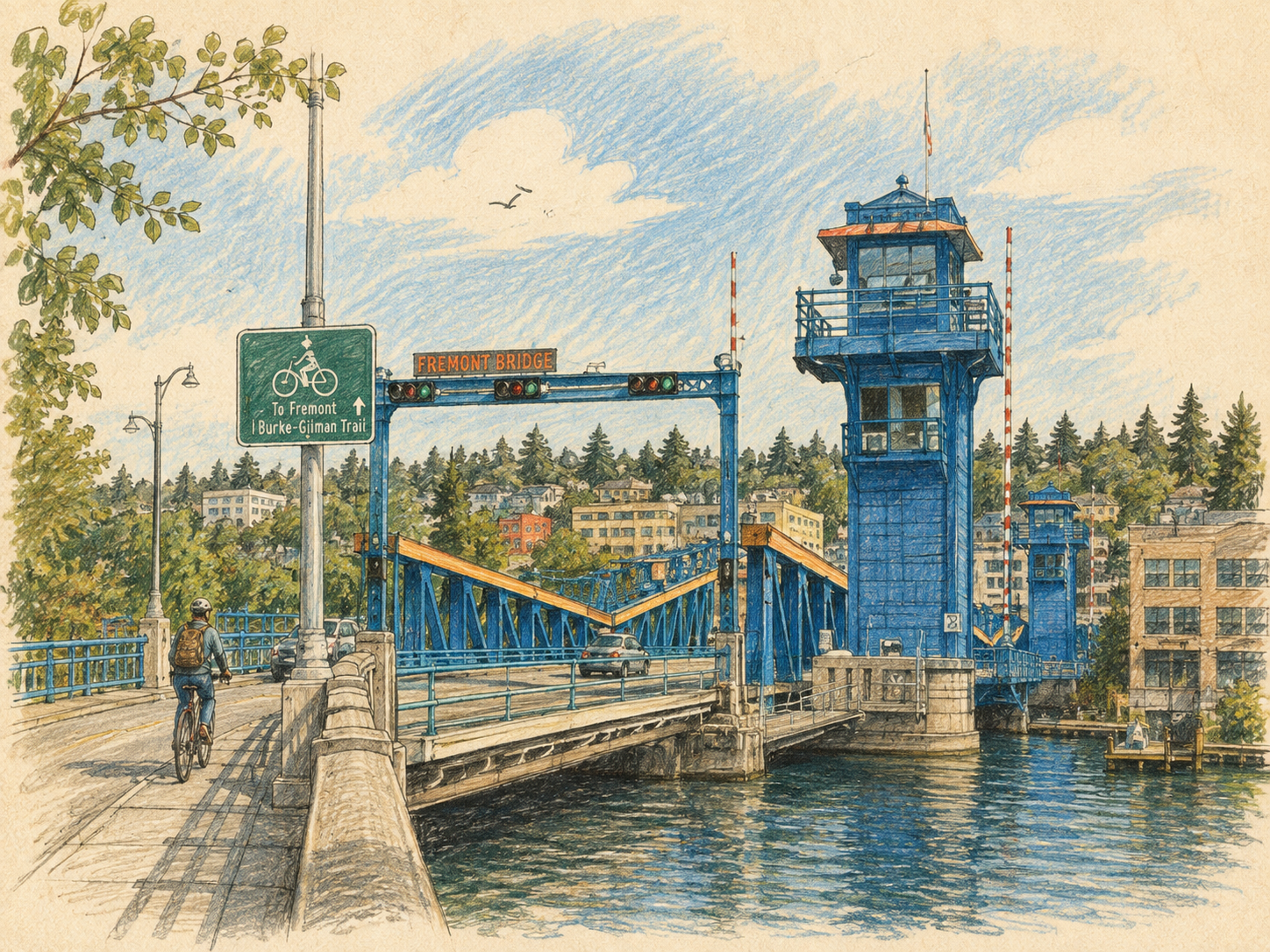 A watercolor painting of the Fremont Bridge in Portland, Oregon, featuring its blue towers and the river below. A cyclist rides across the bridge, and there is a sign indicating the bicycle trail to Fremont Burke-Gilman Trail.