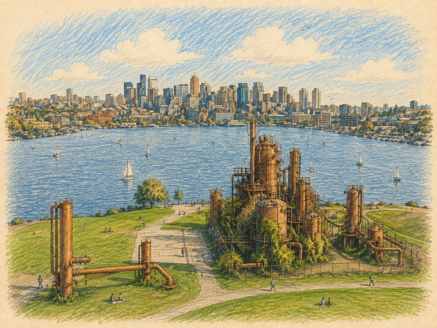 A watercolor illustration of a city skyline across a large body of water, with sailboats, a green park in the foreground, and industrial structures along the park's edge.
