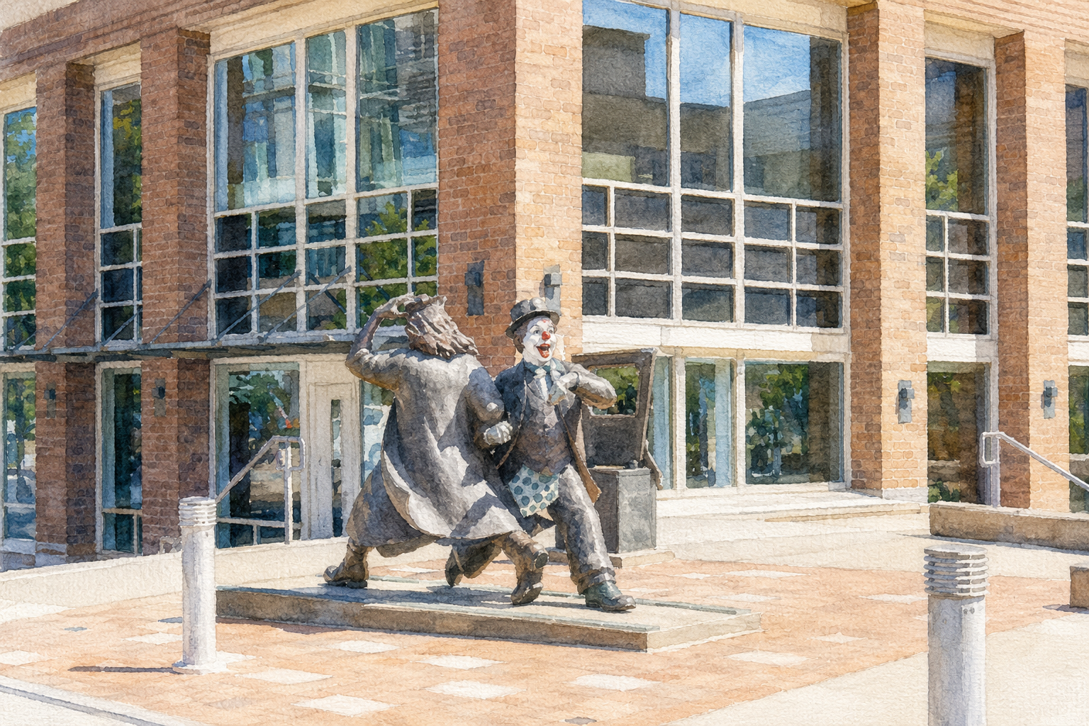 A watercolor painting of a clown and a lion statue in front of a modern brick building with large glass windows.