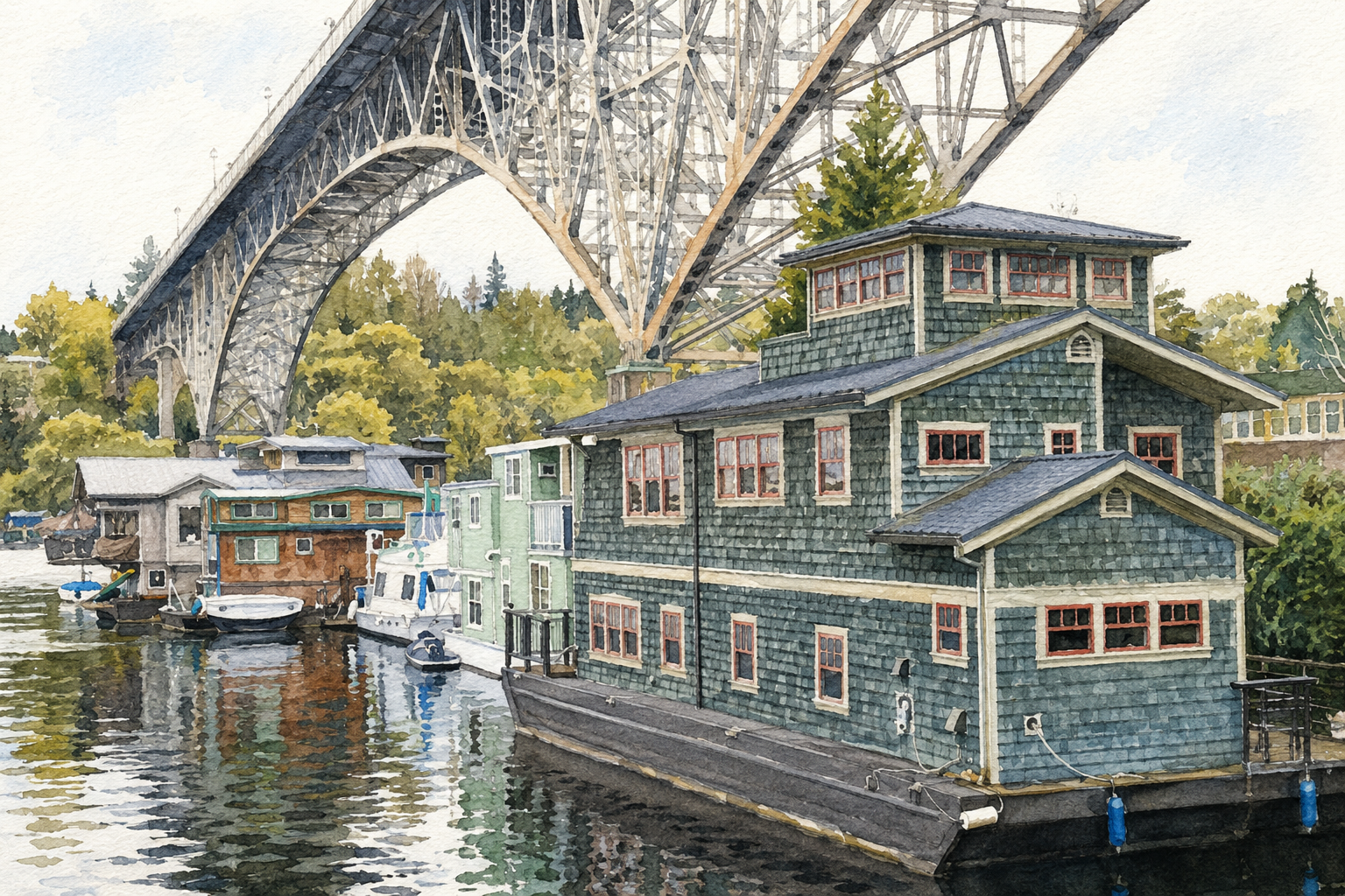 Watercolor painting of houseboats docked along a river with a large bridge in the background, lush trees on the riverbank, and cloudy sky.