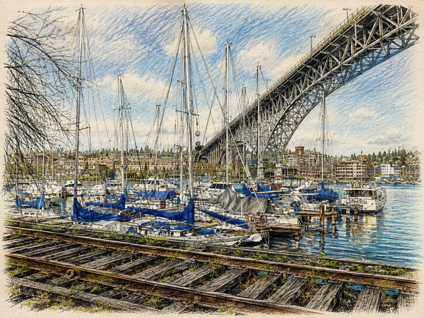 A digitally illustrated scene of a marina filled with sailboats and yachts docked along the waterfront. An old wooden railway track runs in the foreground, and a large steel arch bridge spans across the background over a cityscape under a partly clou