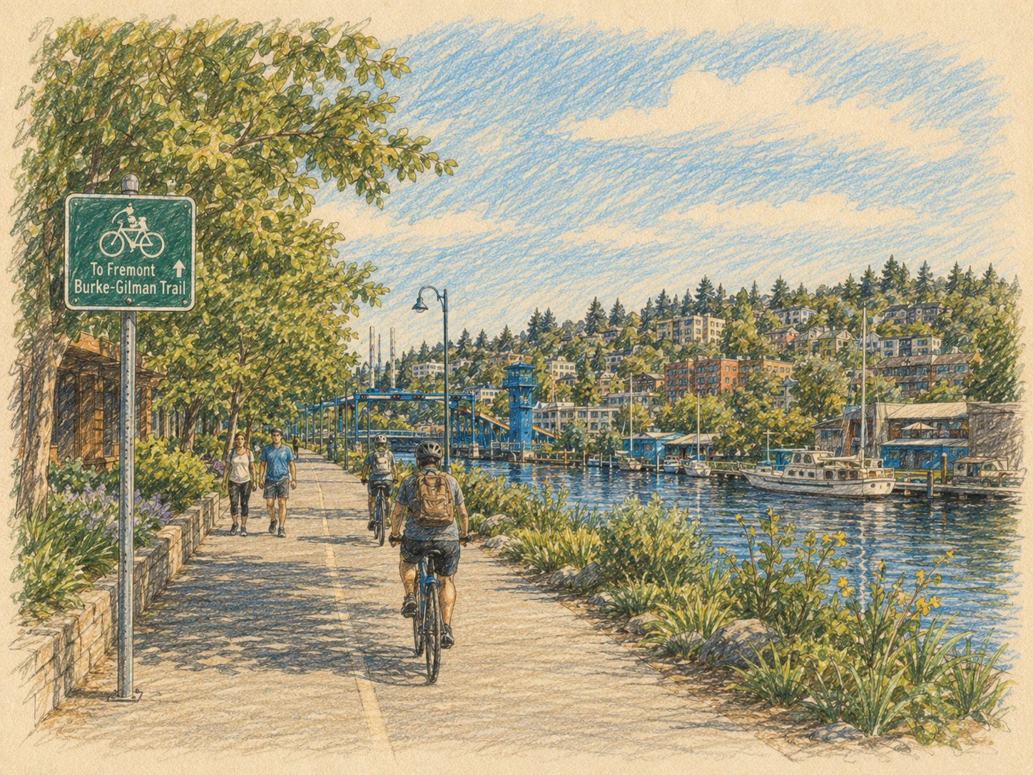A scenic waterfront pathway with people walking and biking, trees on the left, boats at the dock on the water, and a hillside with houses in the background.