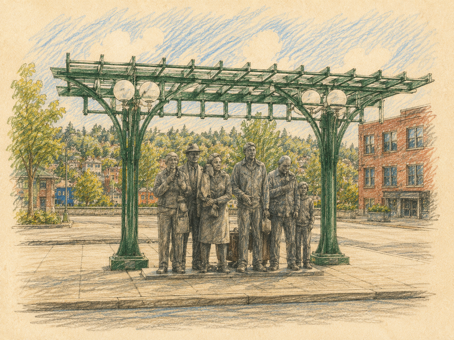 Illustration of a group of six people, including men, women, and children, standing under a decorative green metal shelter in an urban park setting. The background shows trees, a few buildings, and a cloudy sky.