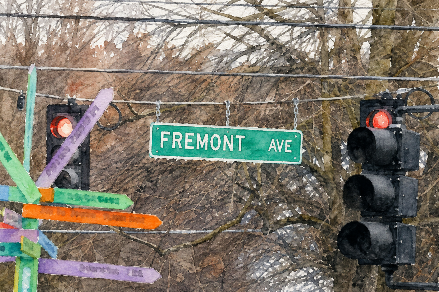 Street scene at Fremont Avenue with traffic lights and a green street sign, with trees in the background.