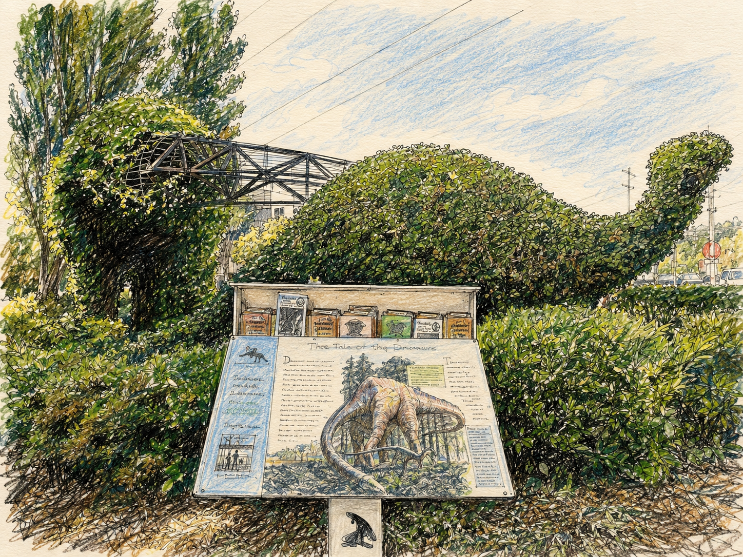 An outdoor illustration of park signage about dinosaur fossils, surrounded by greenery, with trees and bushes, and a sky with light clouds.