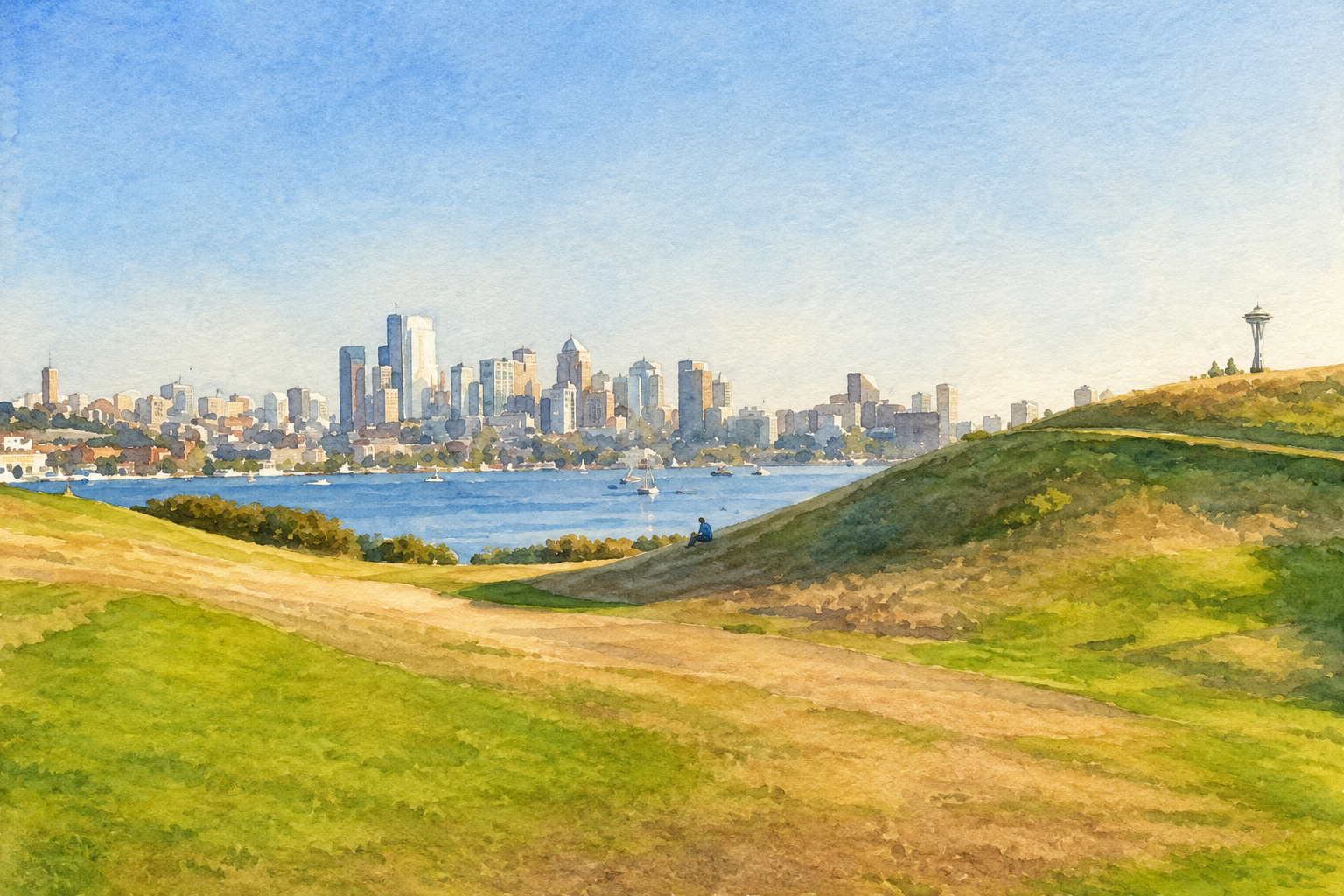 A watercolor painting of a park with grassy hills and a walking path, overlooking a city skyline across a body of water with boats, and a person sitting on the grass.
