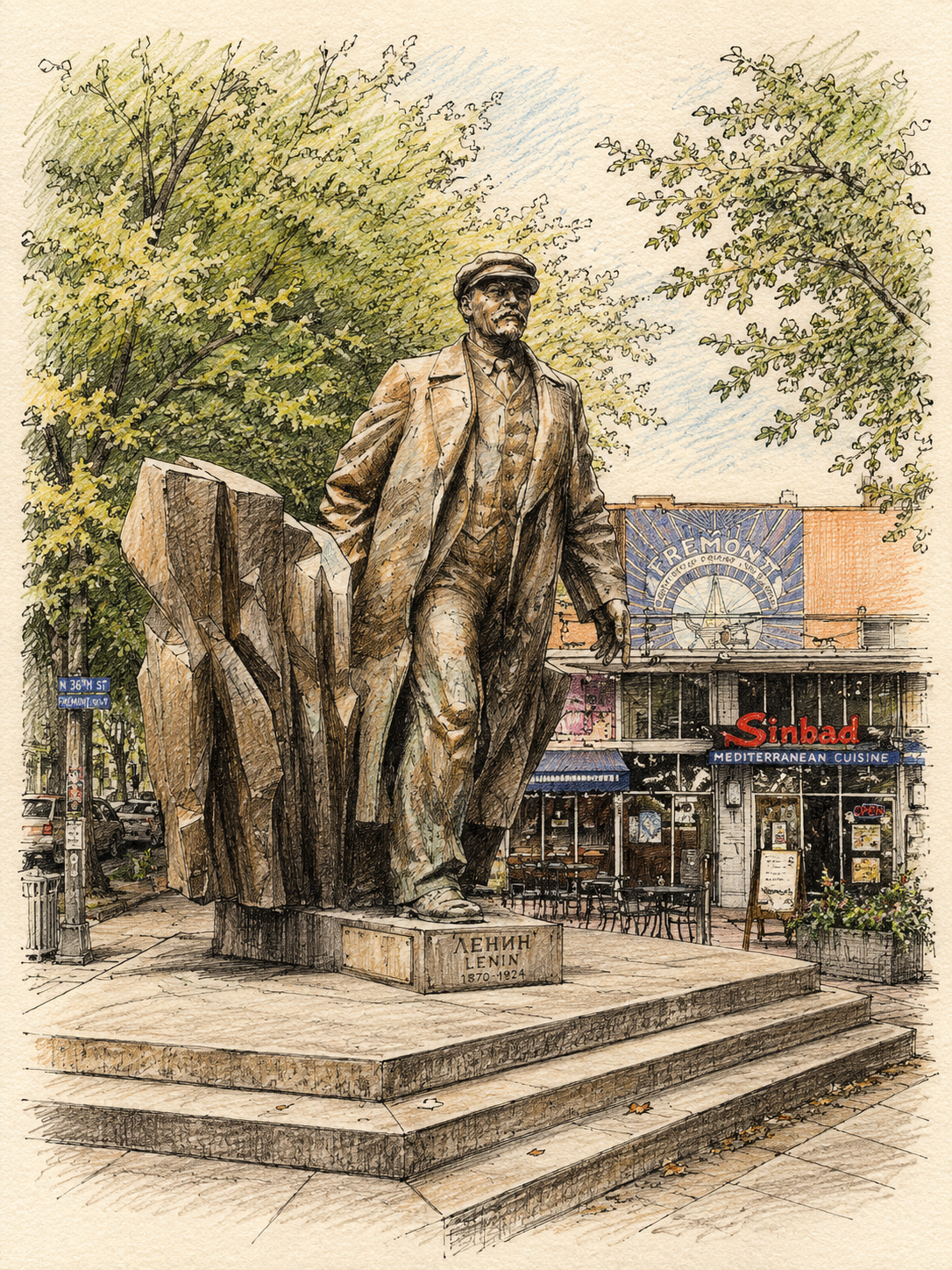 Drawing of a statue of Vladimir Lenin standing on a stone pedestal in an urban park, surrounded by trees and storefronts including a restaurant named Sinbad and a billboard with the word 'FREMONT'.