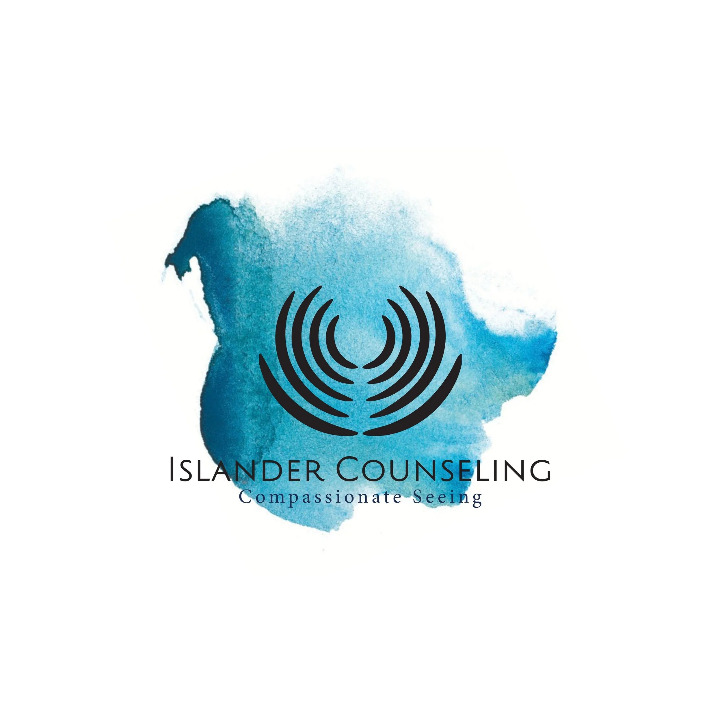 Logo for Islander Counseling, featuring a blue watercolor map of an island with sound wave icons and the text 'islander counseling' and 'compassionate seeing'.