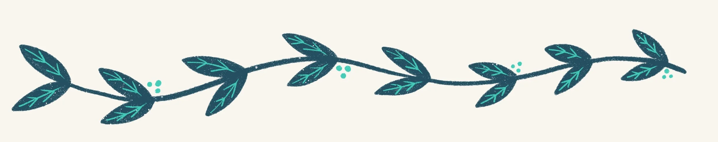 A decorative illustration of a horizontal vine with teal leaves and small teal berries on a beige background.
