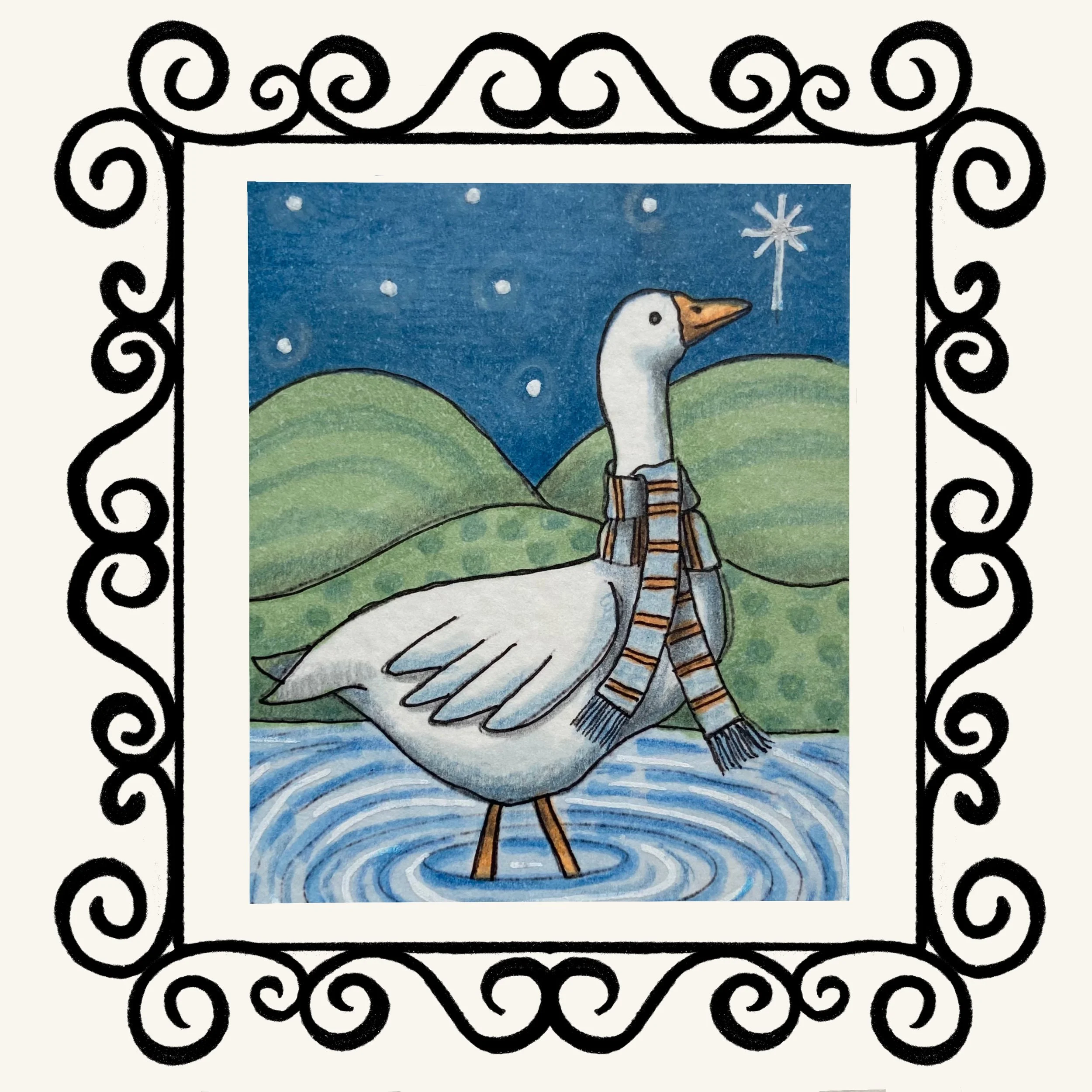Illustration of a goose standing in water with a star-shaped spark in the sky, surrounded by rolling green hills and a starry night background, framed by a decorative black border.
