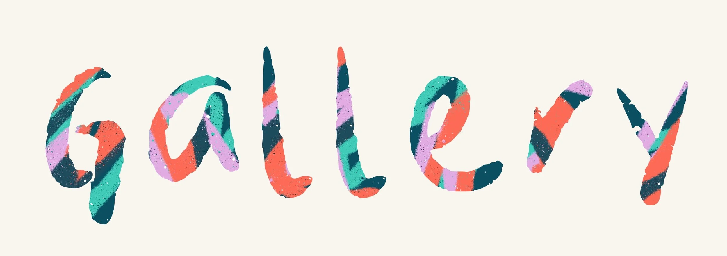 Colorful, abstract lettering spelling out the word 'Gallery' on a light background.