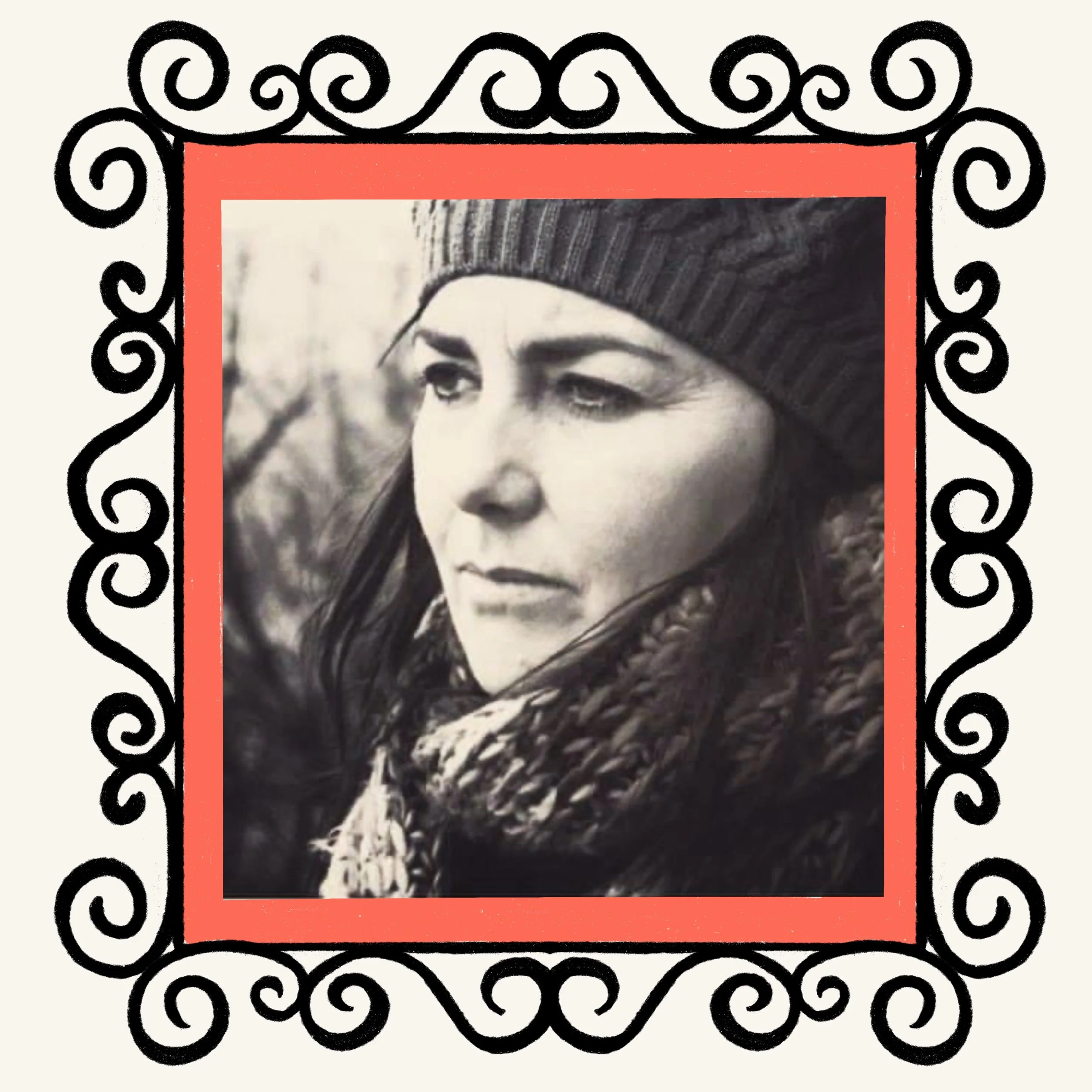 Black and white photograph of a woman with dark hair and bold eyebrows, framed by a decorative black border with swirls and a red border.
