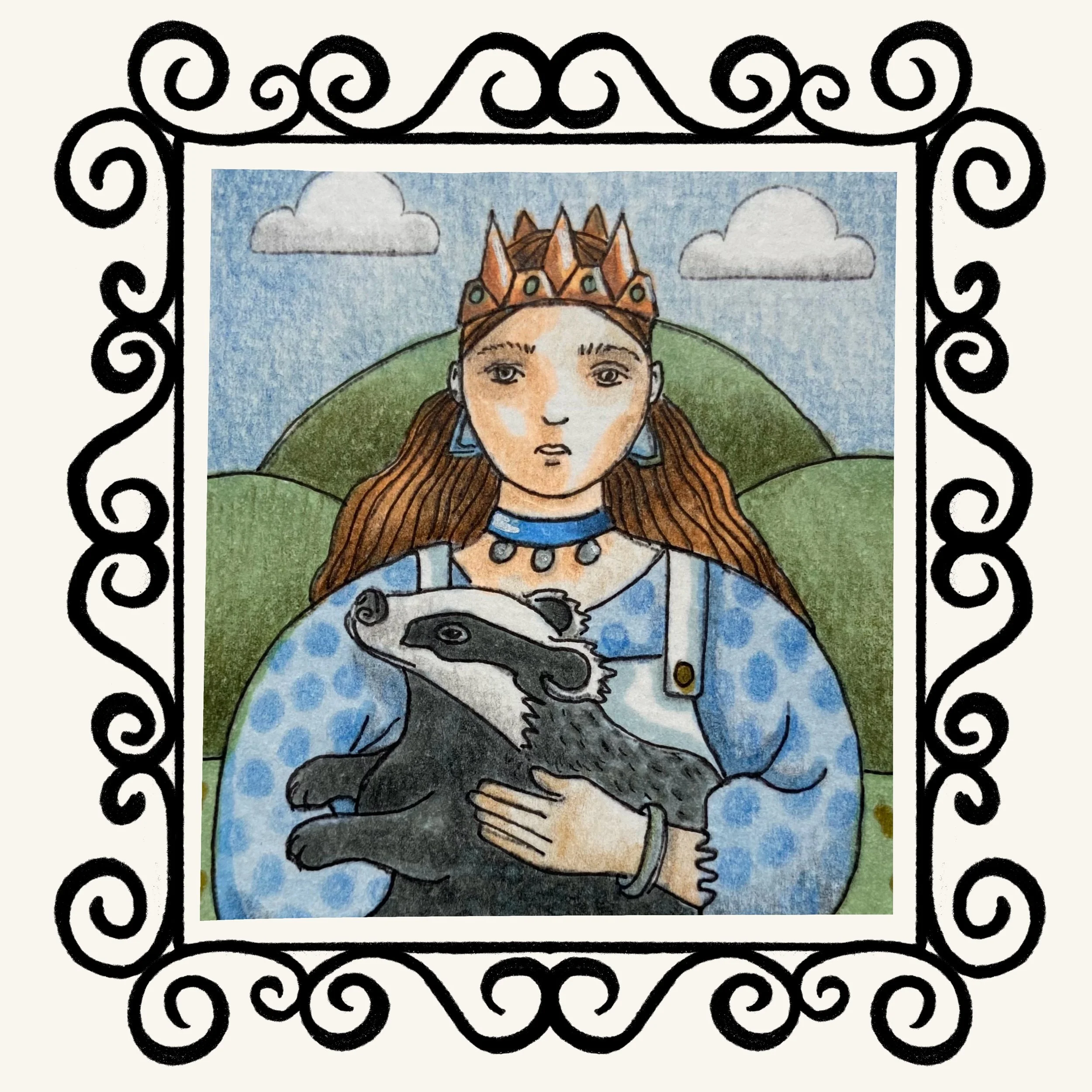 Illustration of a woman with long hair wearing a crown, holding a lamb, with a landscape background of hills, clouds, and blue sky, surrounded by ornate black decorative border.