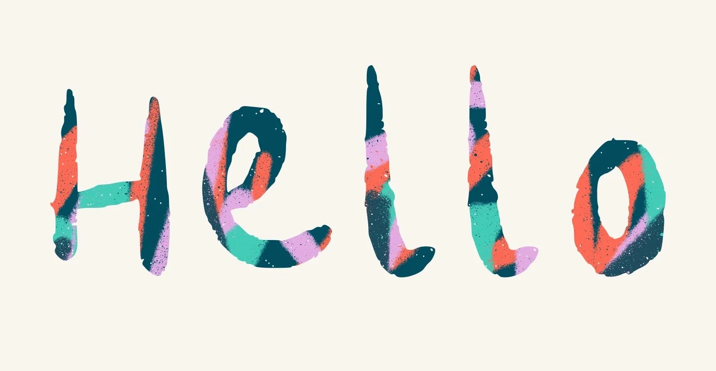Colorful, painted text spelling 'Hello' on a light background.