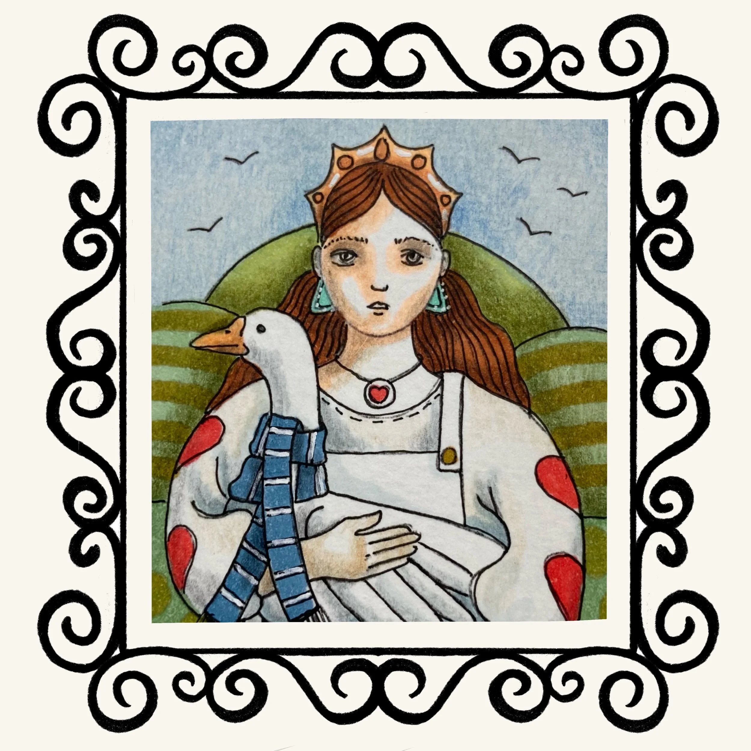 Illustration of a young girl with long red hair, wearing a white top with red heart and polka dots, surrounded by a decorative black swirl border.