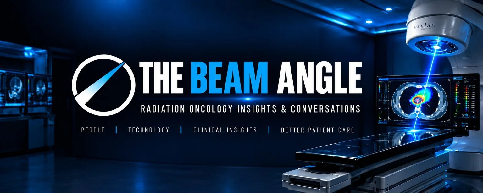 The Beam Angle radiation oncology podcast banner with LINAC, treatment planning image and blue treatment beam
