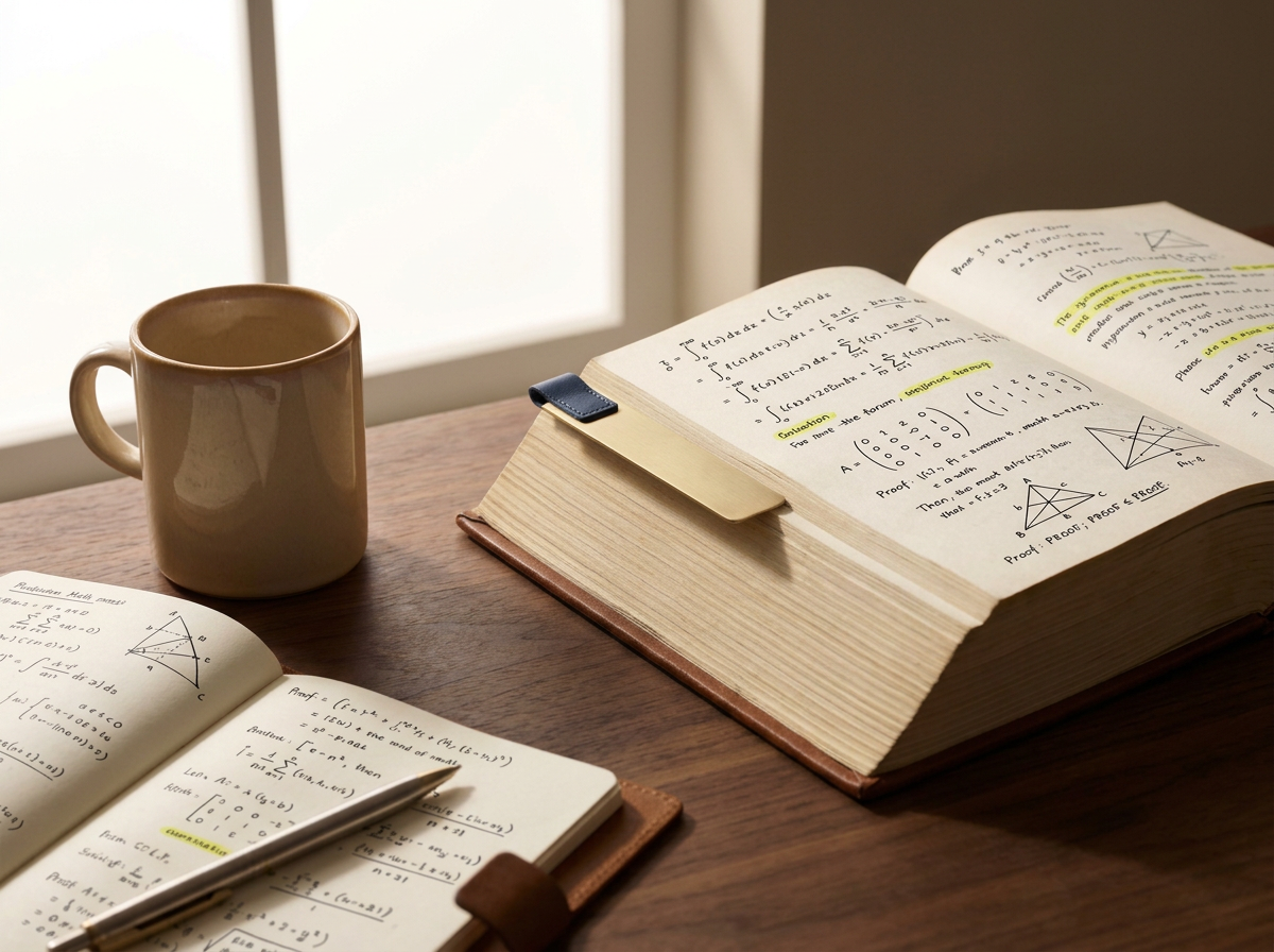 Open math textbooks with notes and highlighted sections, a pen, a coffee mug, on a wooden desk near a window.