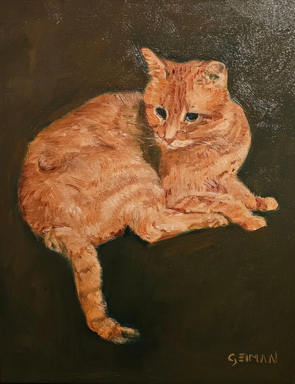Painting of an orange tabby cat lying on a black surface, with its head turned and eyes looking to the side.