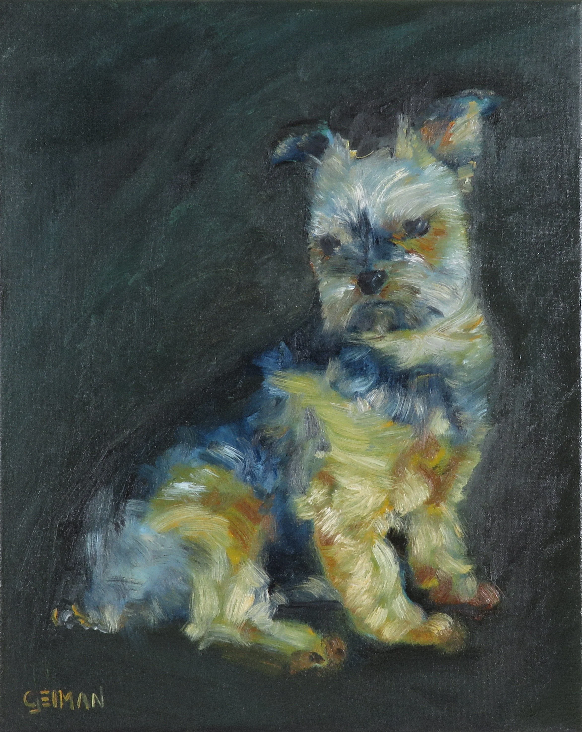 A colorful painting of a Yorkie, possibly a puppy, against a dark background. The artist's signature "GEIMAN" is visible in the bottom left corner.