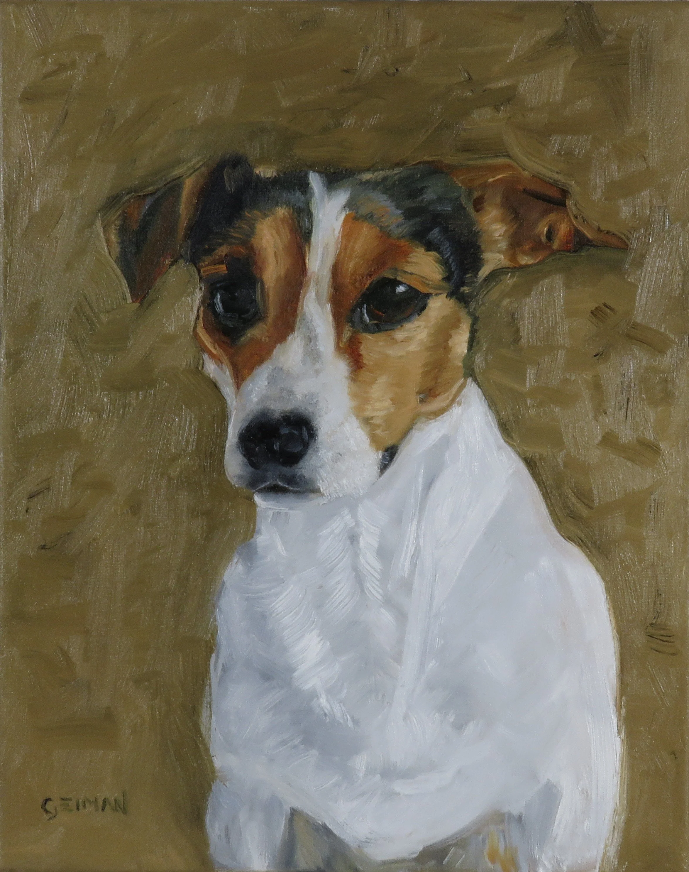 An oil portrait painting of a Jack Russell dog with a brown and white face, black eyes, and erect ears, set against a textured gold background.