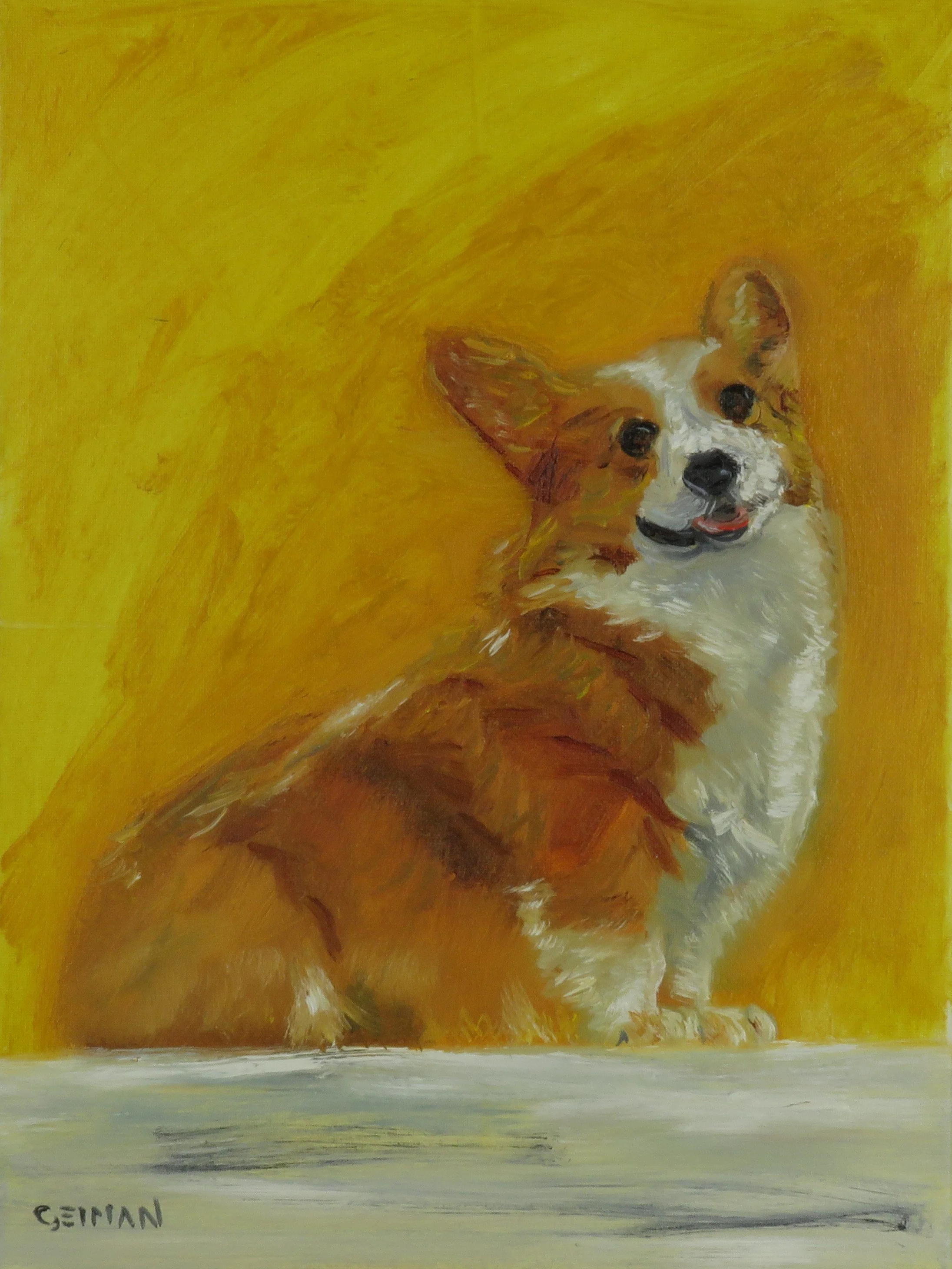 A painting of a Corgi dog with a white face, brown ears, and brown and white fur, standing in front of a bright yellow background.