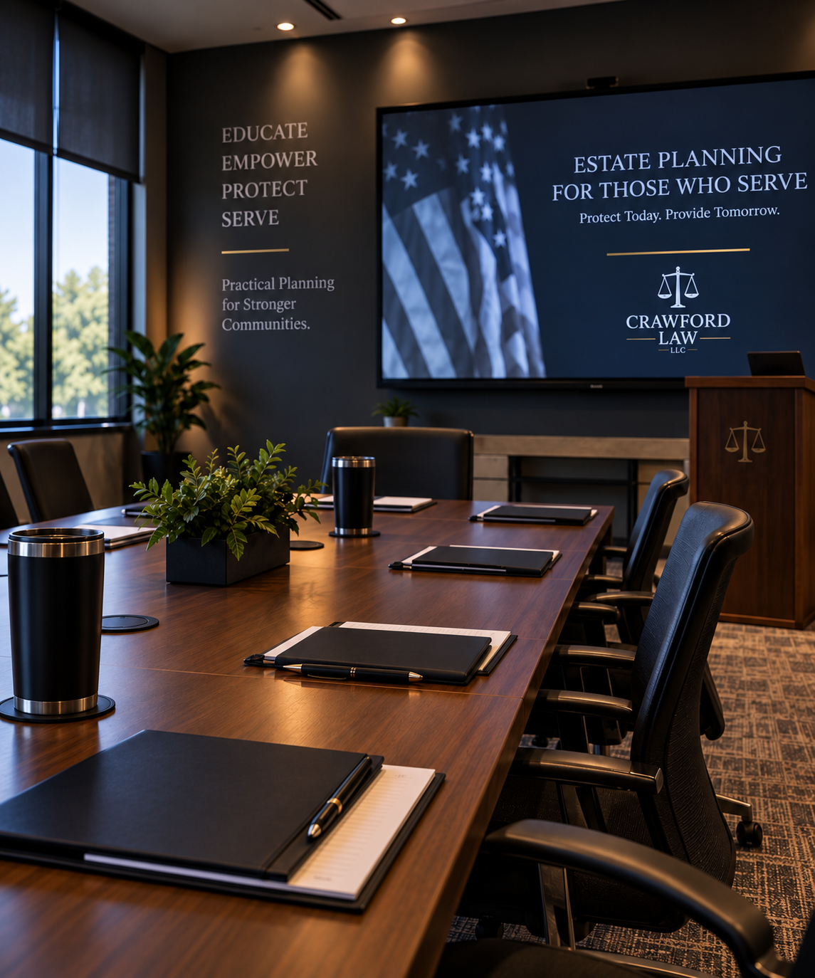 Small-group conference room prepared for a Crawford Law estate planning seminar.