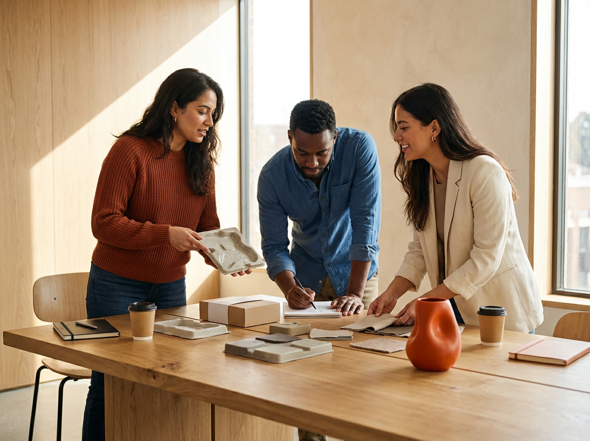 Three people, two women and one man, collaborating around a wooden table with samples, notebooks, and coffee cups, in a well-lit room with large windows.