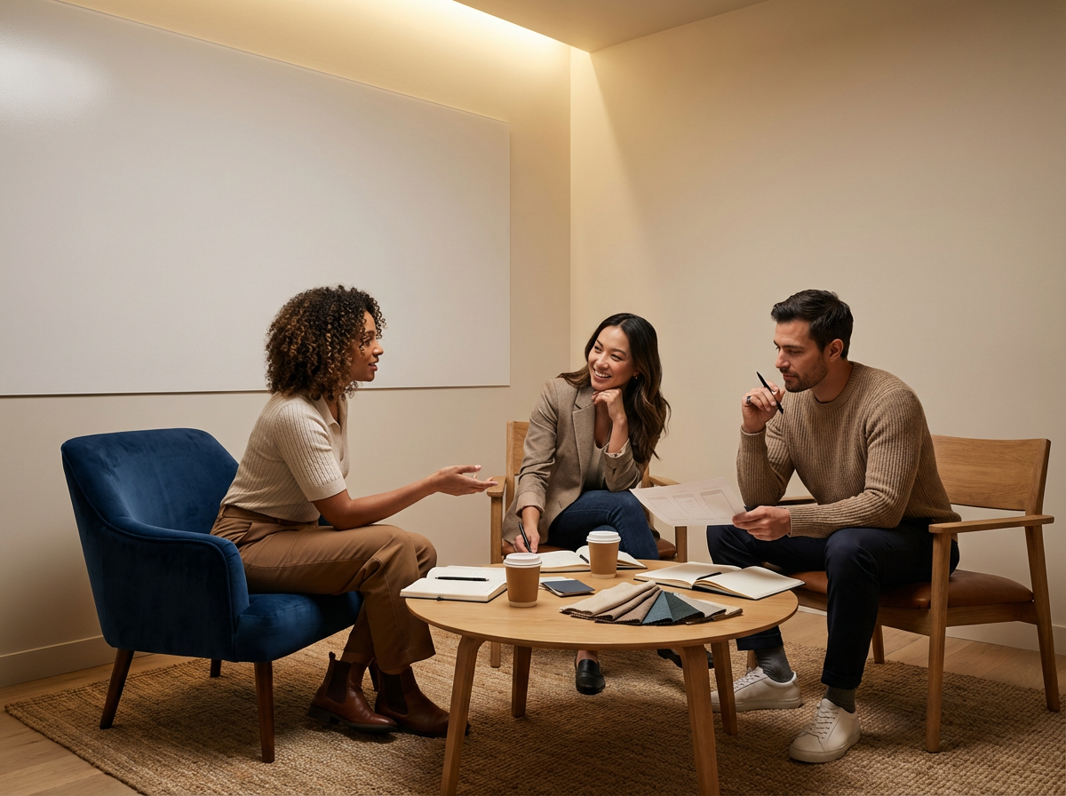 Three people sitting around a coffee table engaged in conversation, with notebooks, papers, and coffee cups on the table, in a well-lit room.