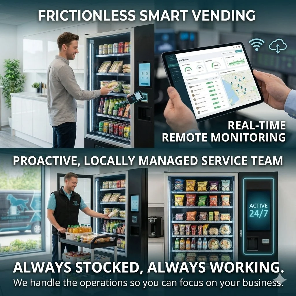 A man using a vending machine with a tablet displaying real-time monitoring data. The vending machines are stocked with snacks and drinks. Text overlays highlight frictionless smart vending, remote monitoring, proactive management, and 24/7 active operation. The scene emphasizes vending business automation and operational management.