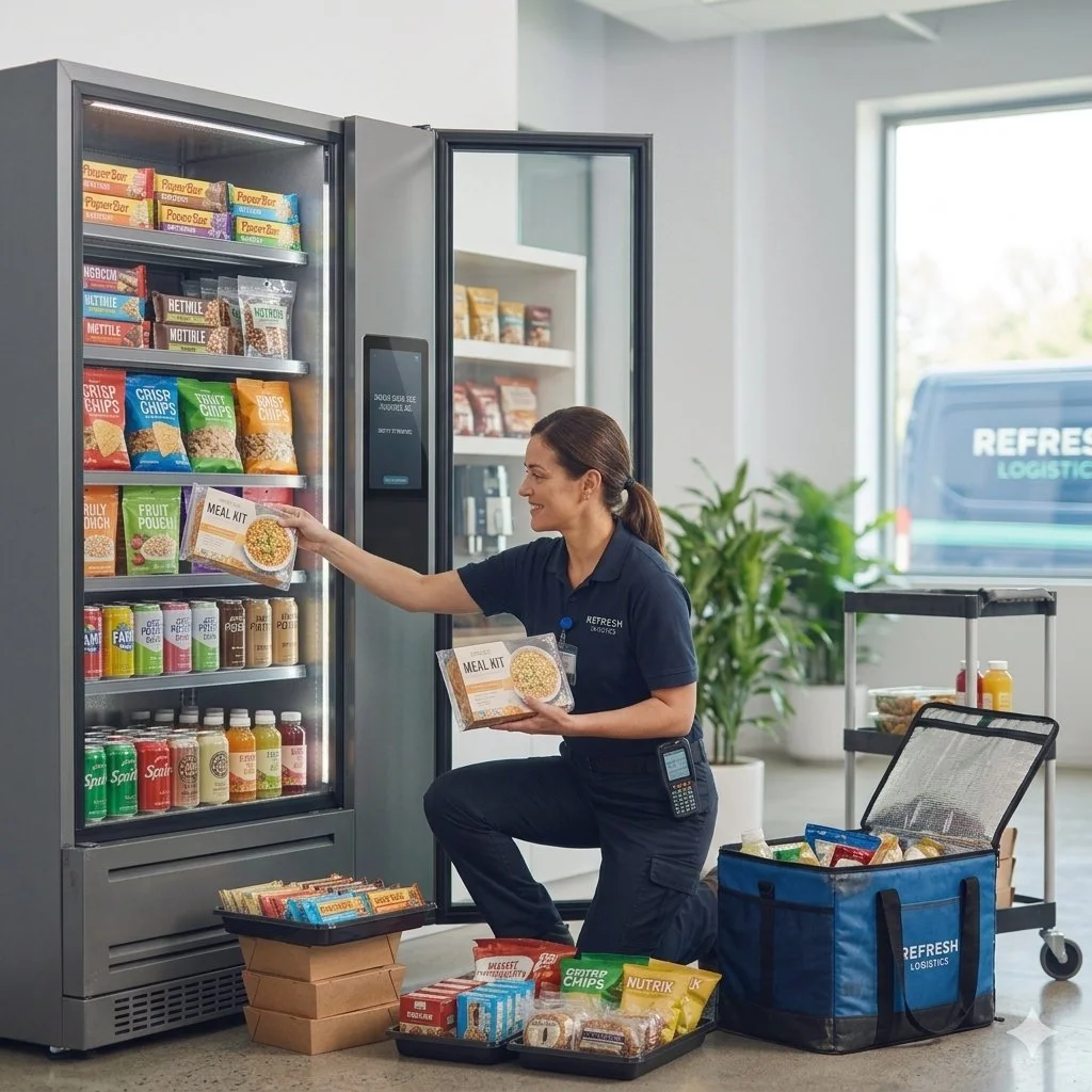 A woman in a dark uniform kneels next to a vending machine filled with snacks and beverages, reaching in to select a meal kit. She holds another meal kit in her hand, and there are various snack boxes and drinks on her left and a blue insulated bag on her right.