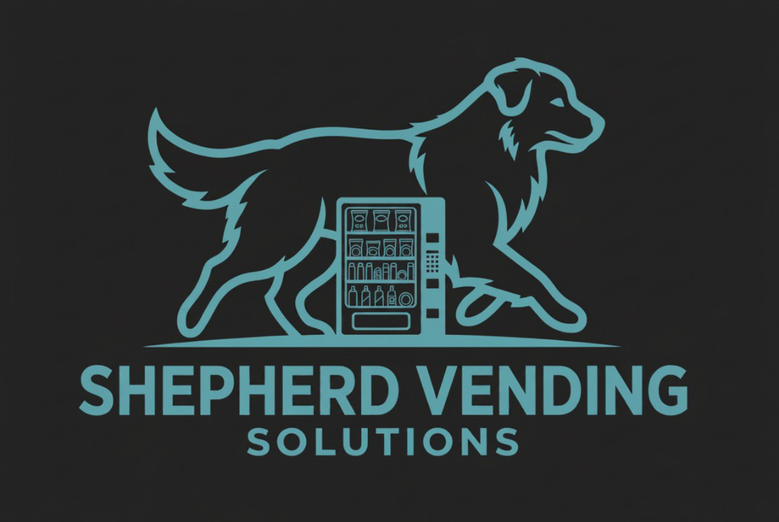 A logo featuring a stylized shepherd dog walking past a vending machine, with the text "Shepherd Vending Solutions" beneath.