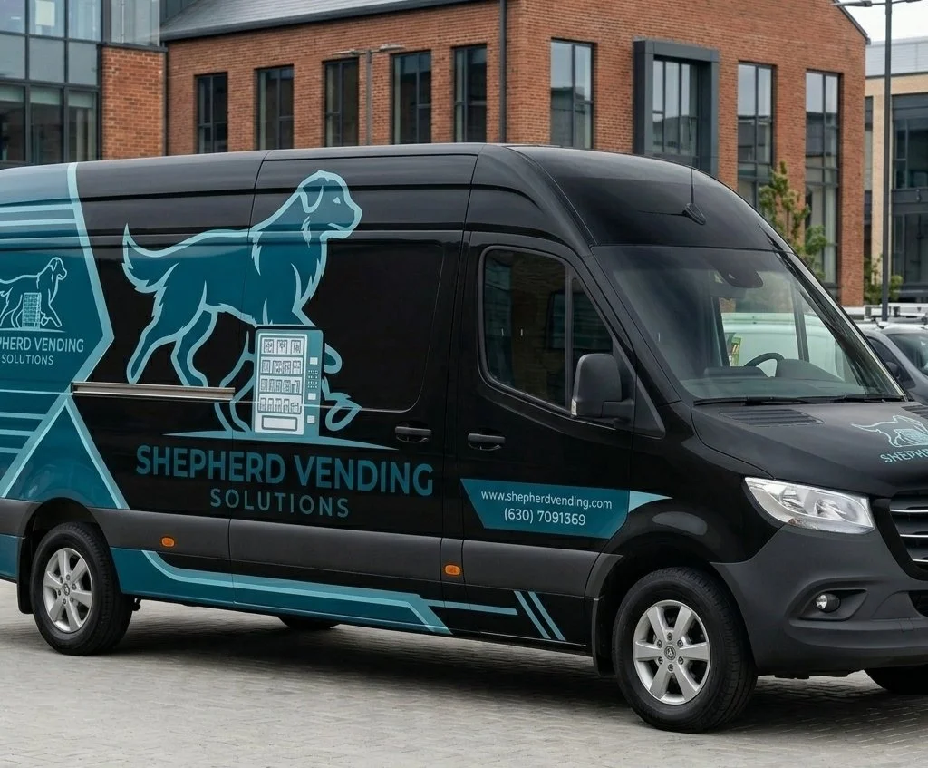 Black delivery van with blue logo and text for Shepherd Vending Solutions, featuring a stylized dog and vending machine graphic, parked in an urban area with modern brick and glass buildings in the background.