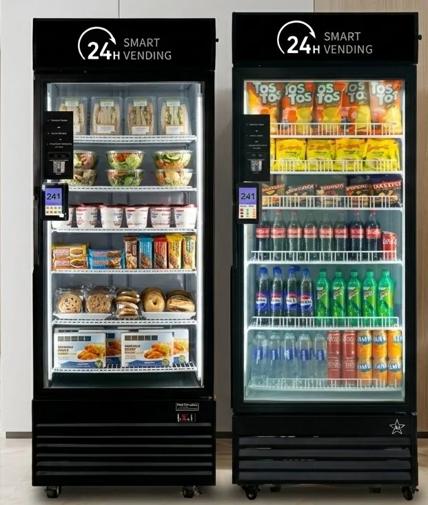 Two vending machines side by side; the left one contains salads, yogurt, snacks, and baked goods, while the right one has chips, candy, soda, and bottled drinks, with a sign above indicating 24-hour vending.
