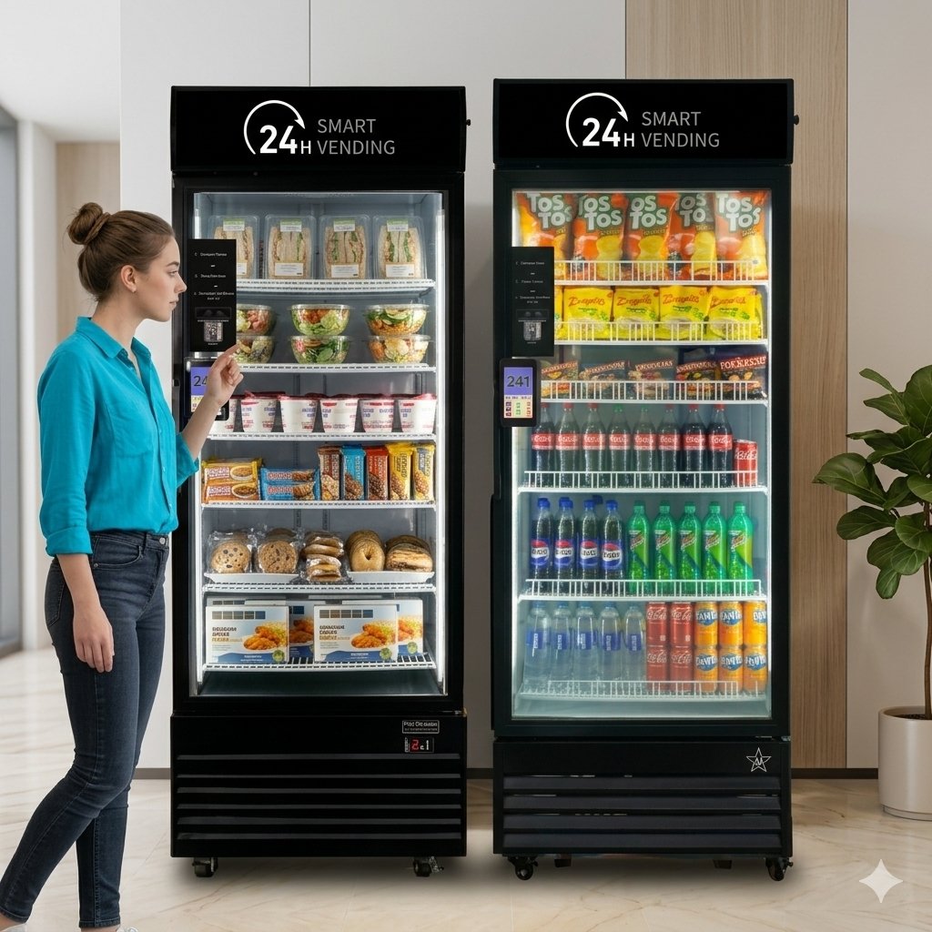A woman in a blue shirt and dark jeans selecting a snack from a vending machine. The vending machines are stocked with various food and beverage items, and are labeled as "24 H VENDING".