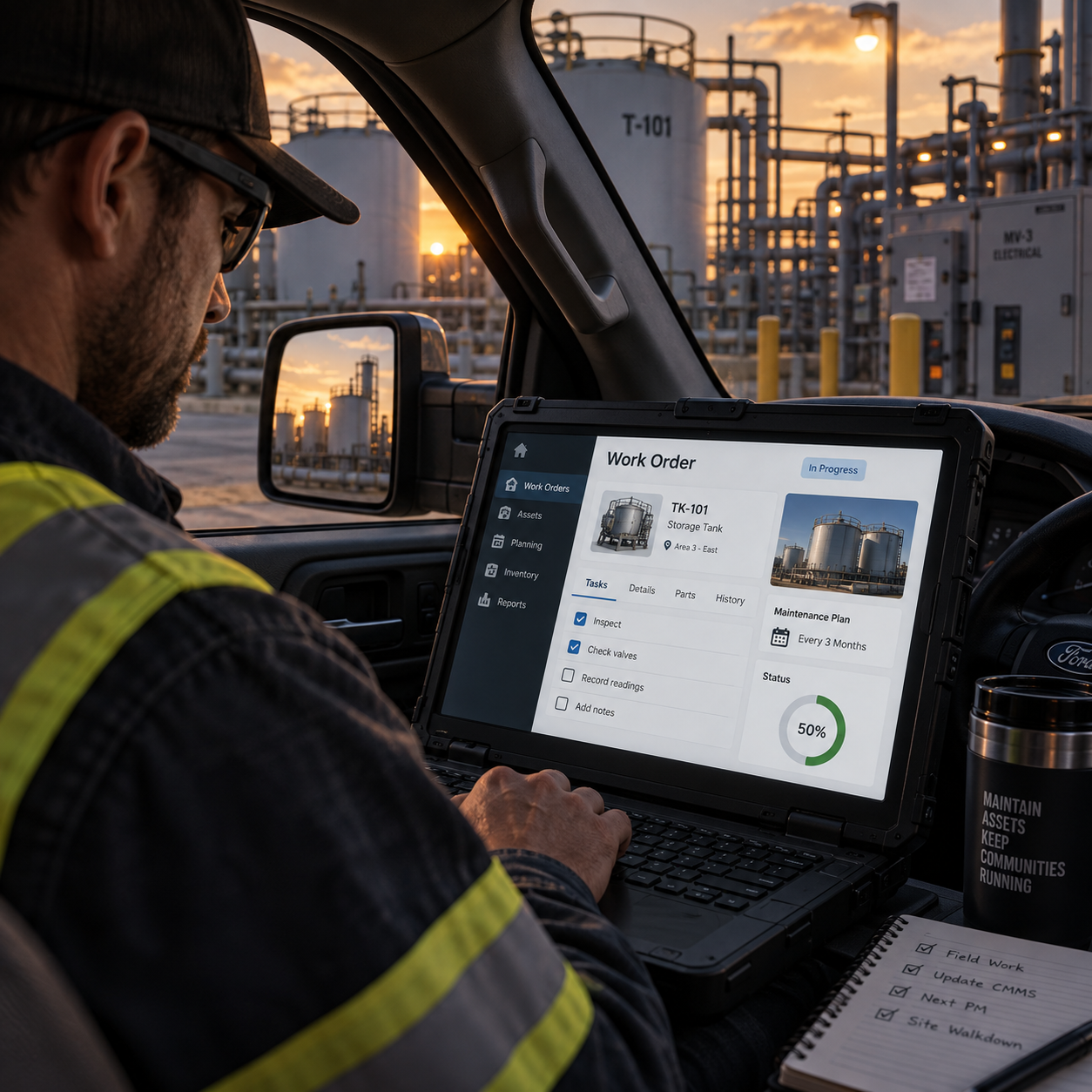 A worker in a vehicle at an industrial site, monitoring a digital work order on a laptop screen with tanks and pipelines in the background during sunset.