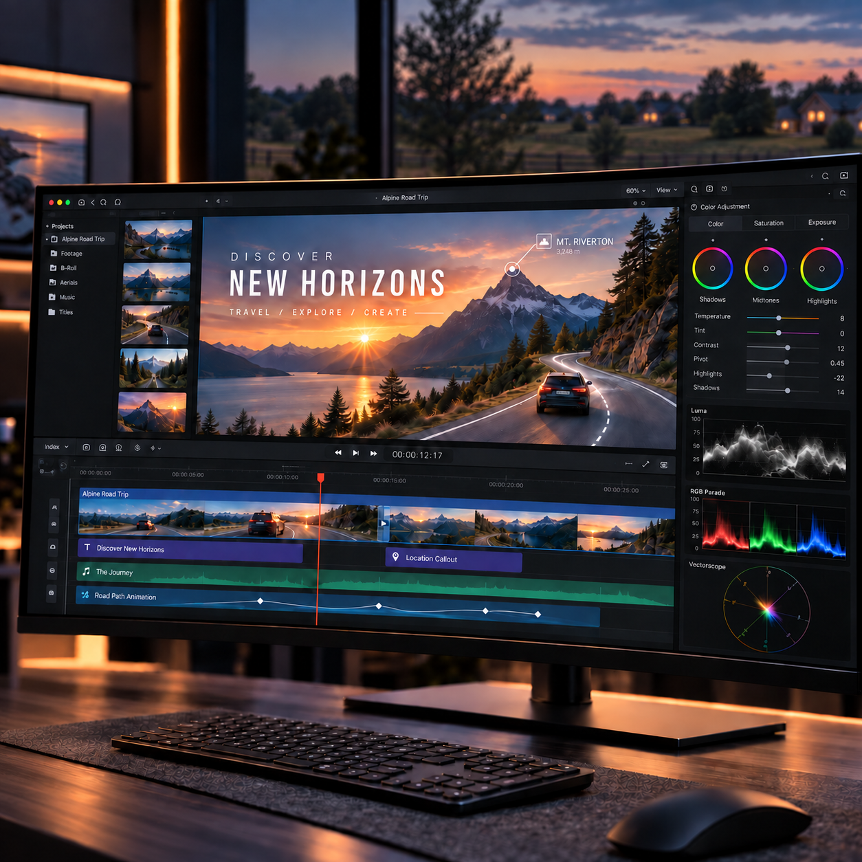 Computer monitor displaying a video editing software with a nature scene of mountains, a lake, and a sunset, set indoors with a window showing a sunset and trees outside.