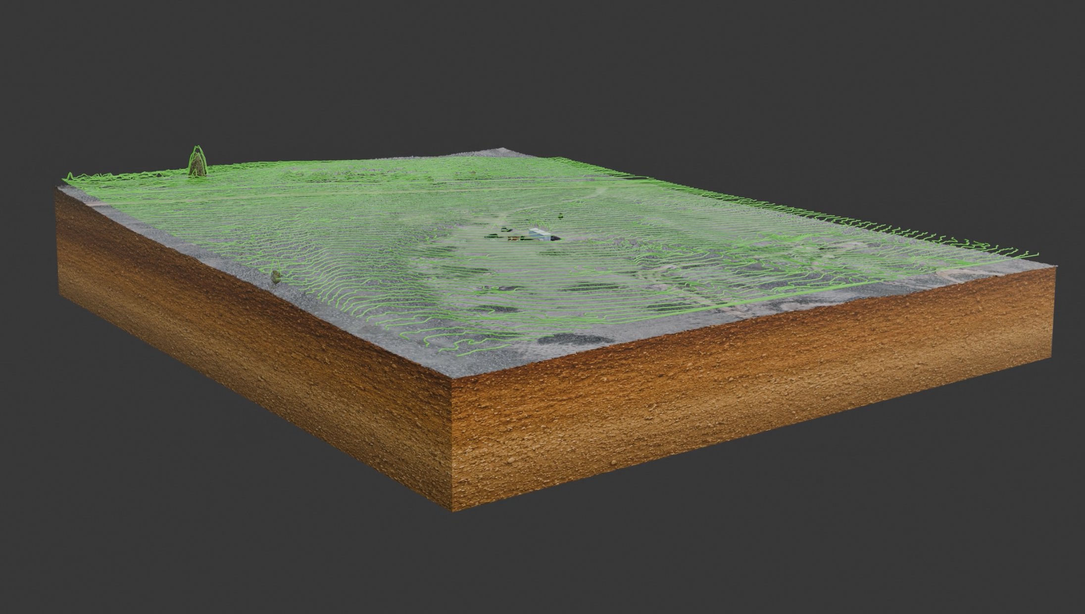 A 3D rendering of a landscape with green contour lines, showing layers of soil and terrain with a small building at the center.