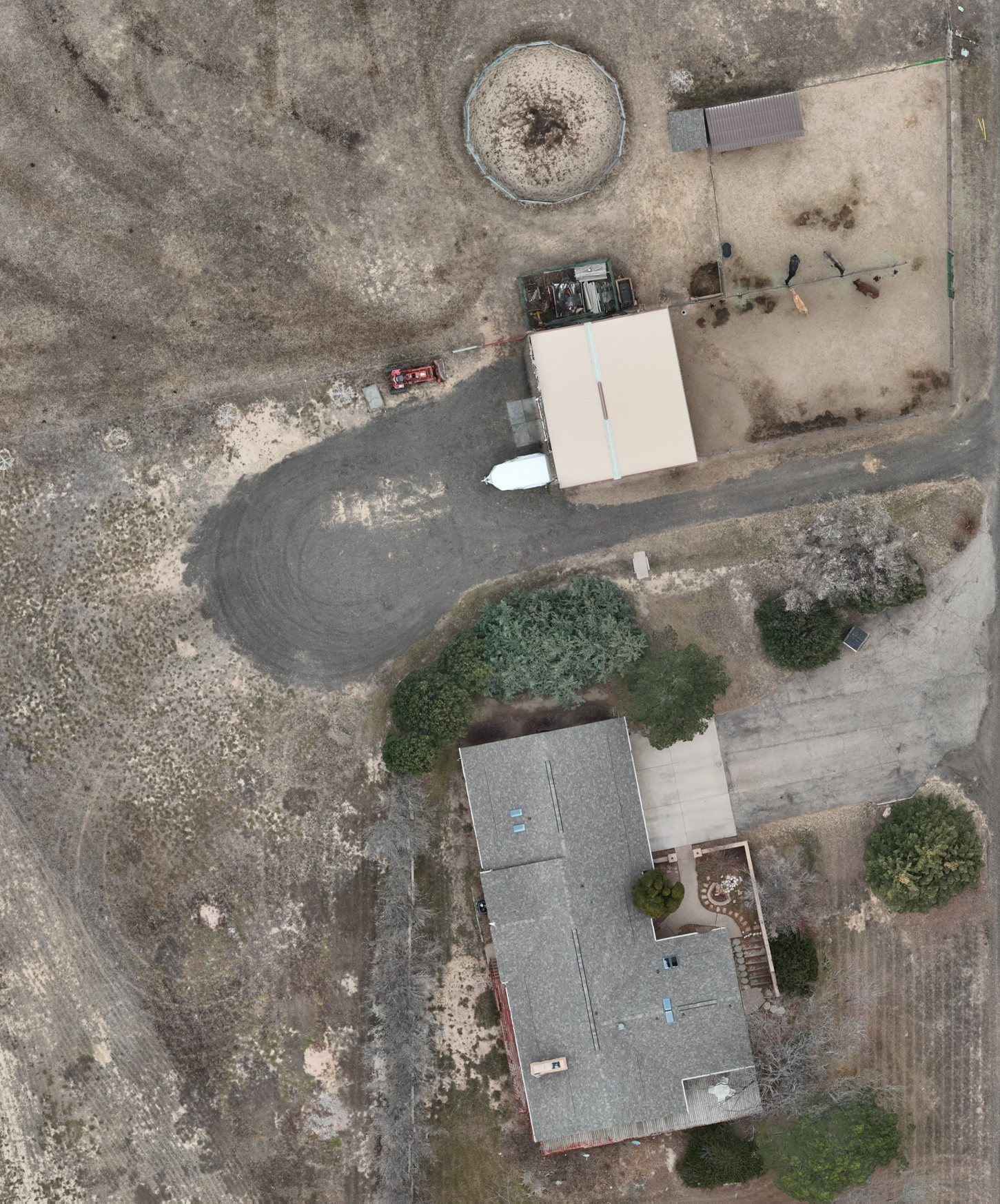 Aerial view of a residential backyard with a house, a driveway, a circular patch of dirt, a shed, a trampoline, and trees.