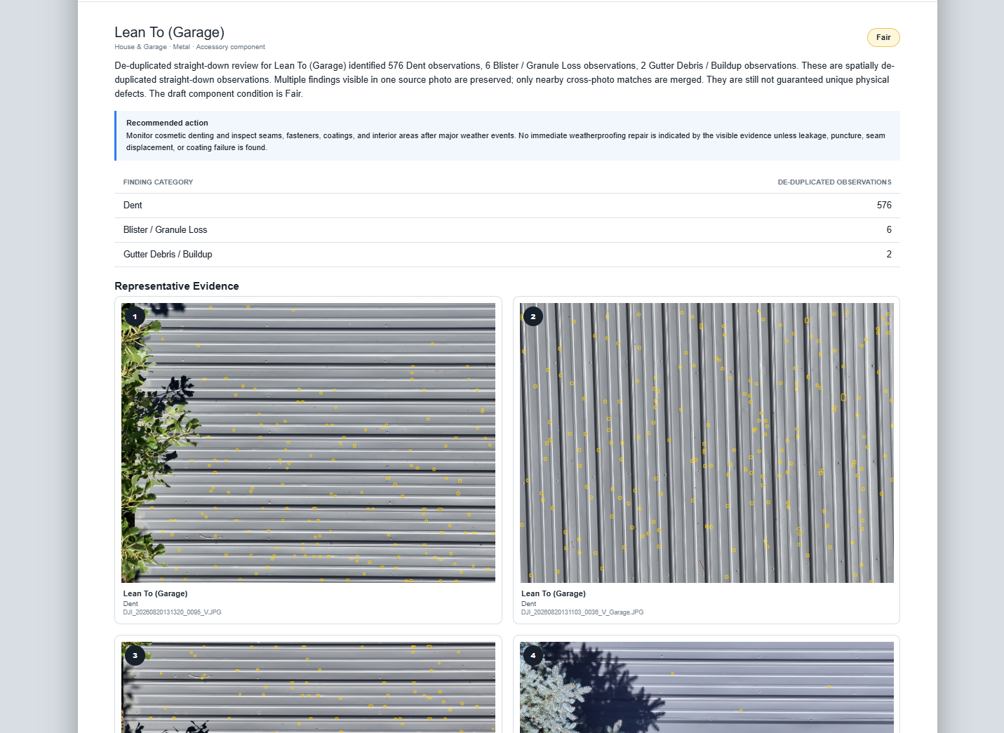 Screenshots of metal garage siding with yellow inspection marks, showing inspection details for dents, granule loss, and debris.