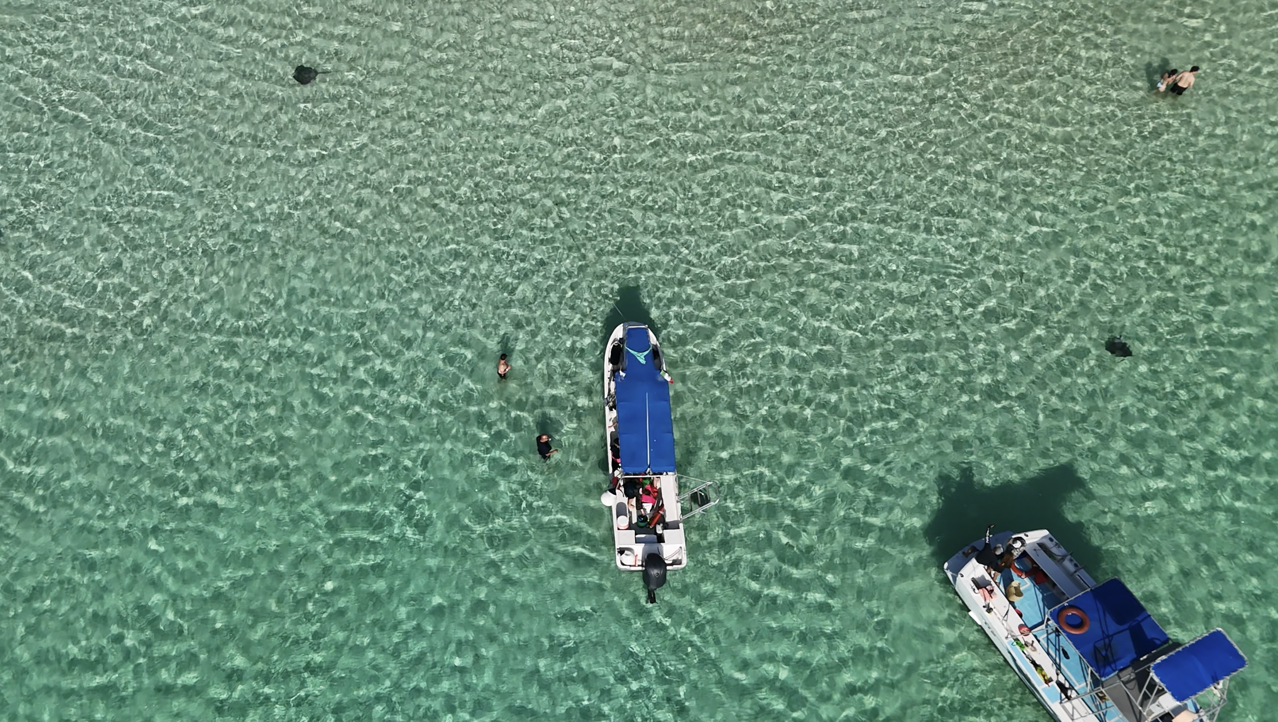 An aerial view of a boat with people on it, floating in clear turquoise water, with some people swimming nearby.
