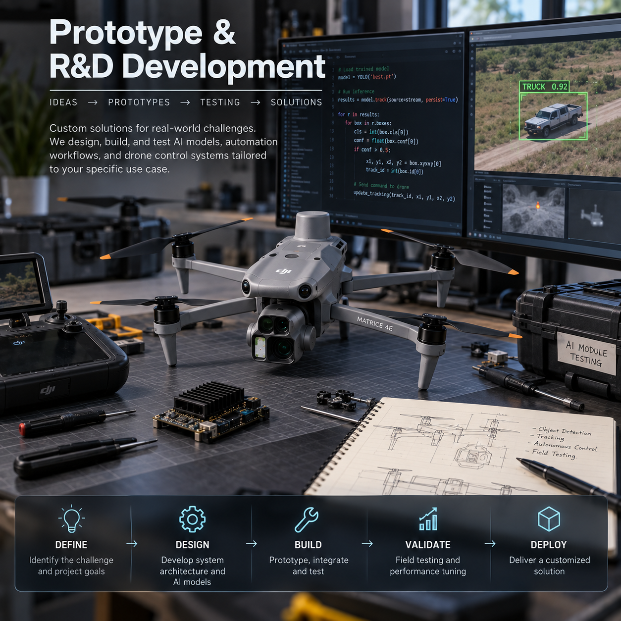 A drone on a workbench surrounded by testing equipment, with dual monitors displaying code and drone footage, a detailed sketchbook, and various tools, illustrating a prototype development setup for AI drone systems.