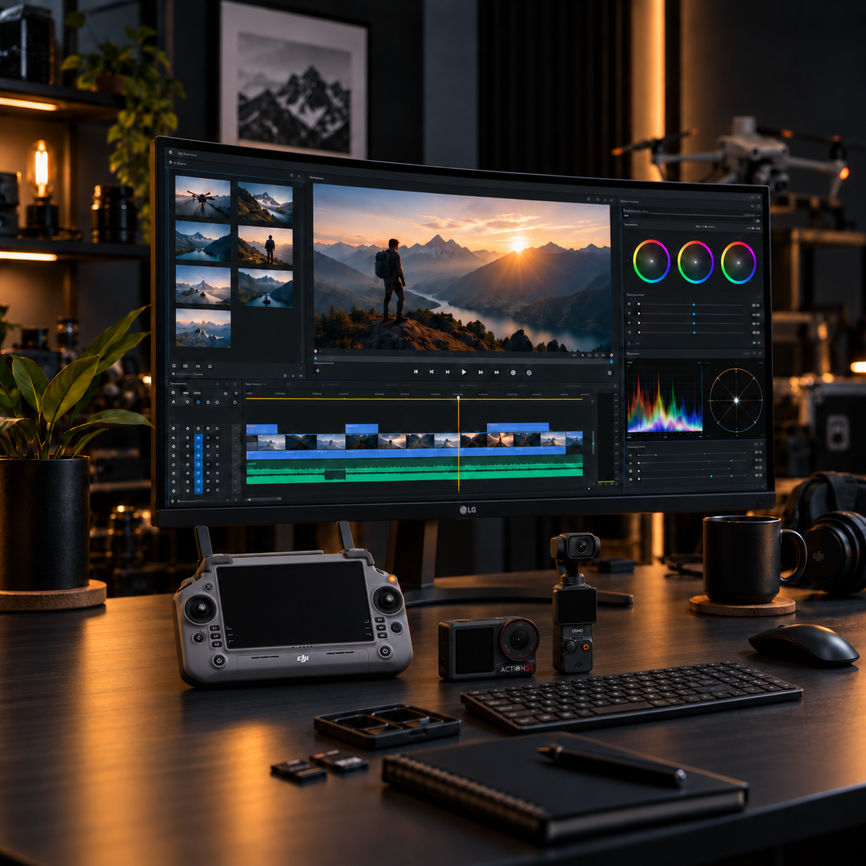 A computer monitor displaying video editing software with landscape footage of mountains and a person standing by a lake at sunset. The desk has a drone, camera, microphone, keyboard, mouse, and various accessories, with a plant and shelves in the background.