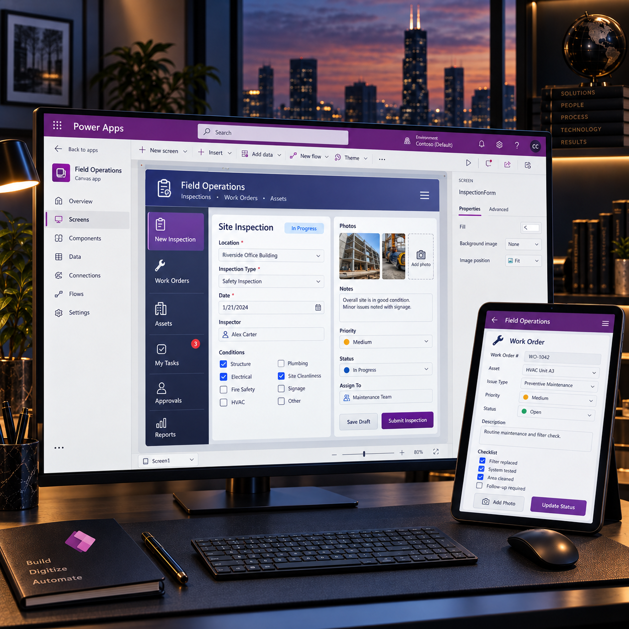 Office desk setup with large monitor displaying a work management application, tablet showing a work order form, keyboard, mouse, pen, and notebook, in front of a city skyline at sunset.