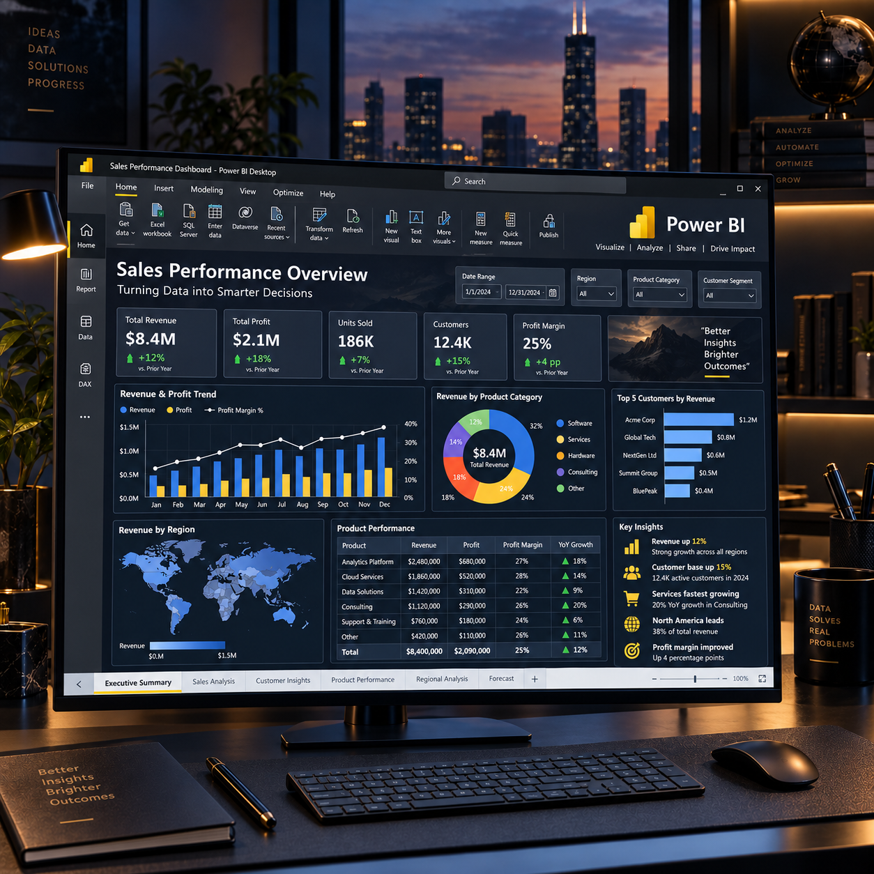A computer monitor displaying a sales performance dashboard with charts, graphs, and statistics. The background shows a city skyline at sunset through a window.