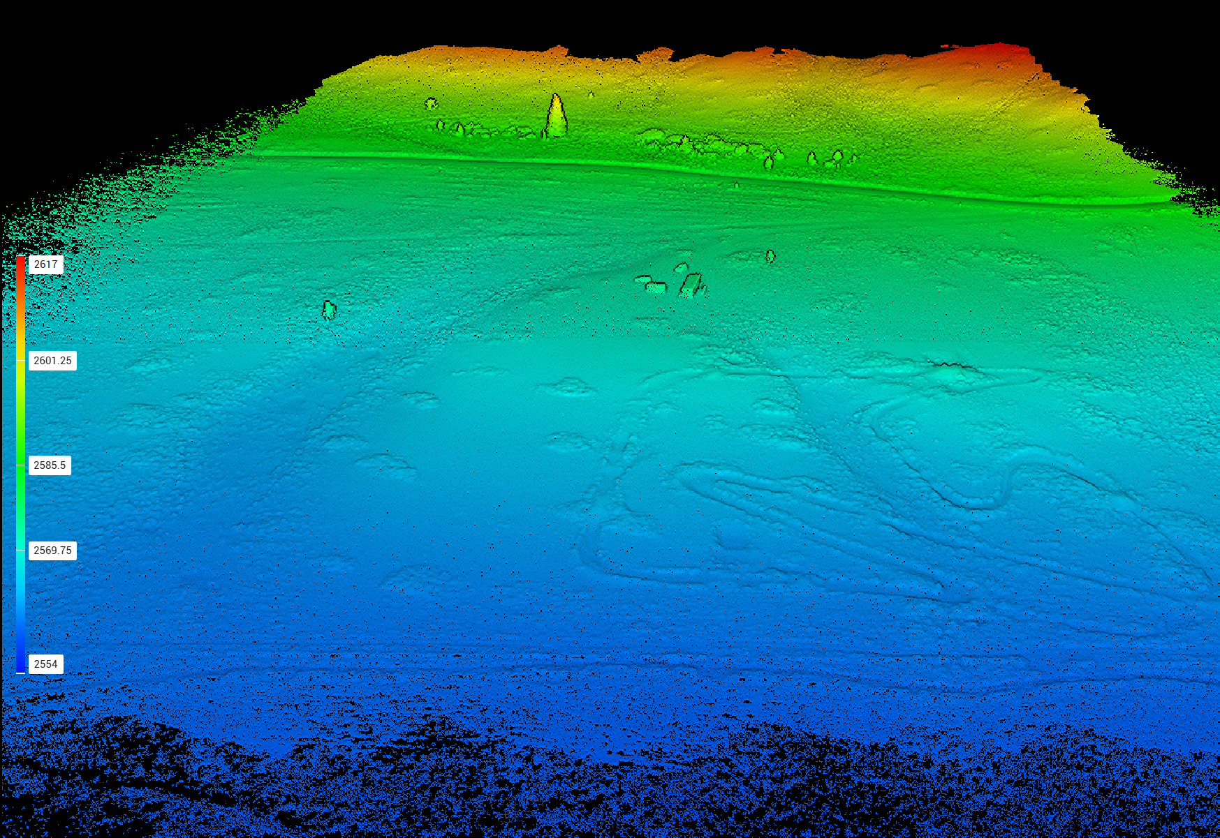 Lidar point cloud visualization showing terrain elevation with a color gradient from blue (lower elevation) to red (higher elevation).