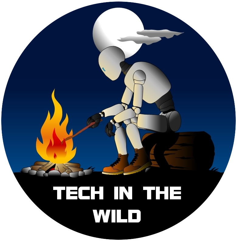 A robot sitting on a log by a campfire at night under a full moon with clouds, with the text "TECH IN THE WILD" below.