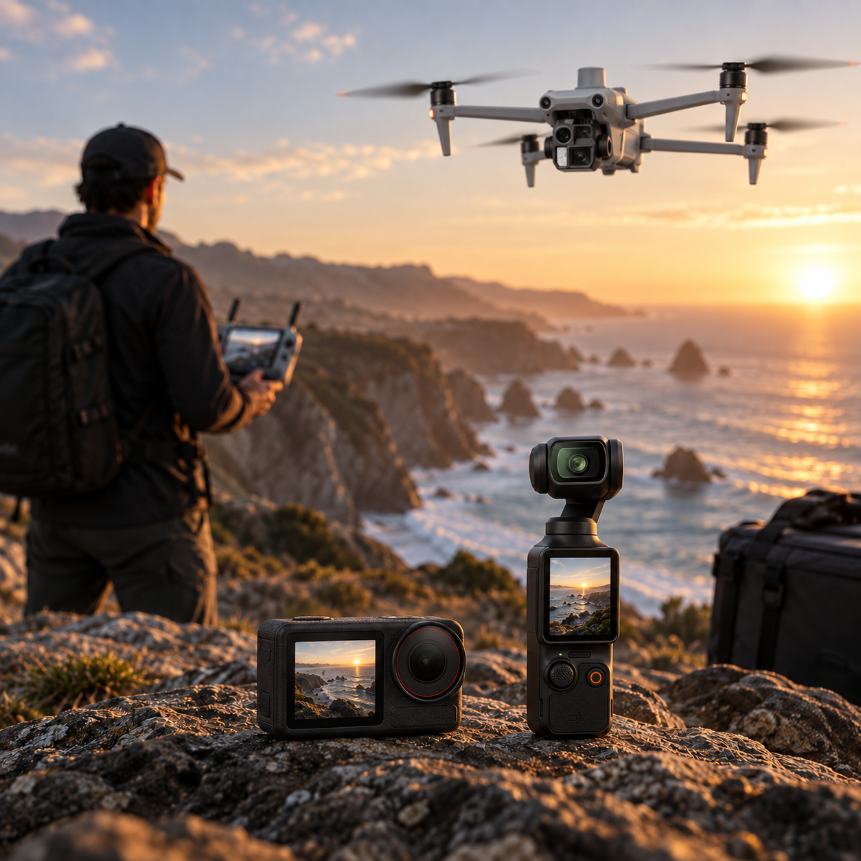 A person flying a drone over a rocky coastal landscape at sunset with various camera equipment set up on the rocks in the foreground.