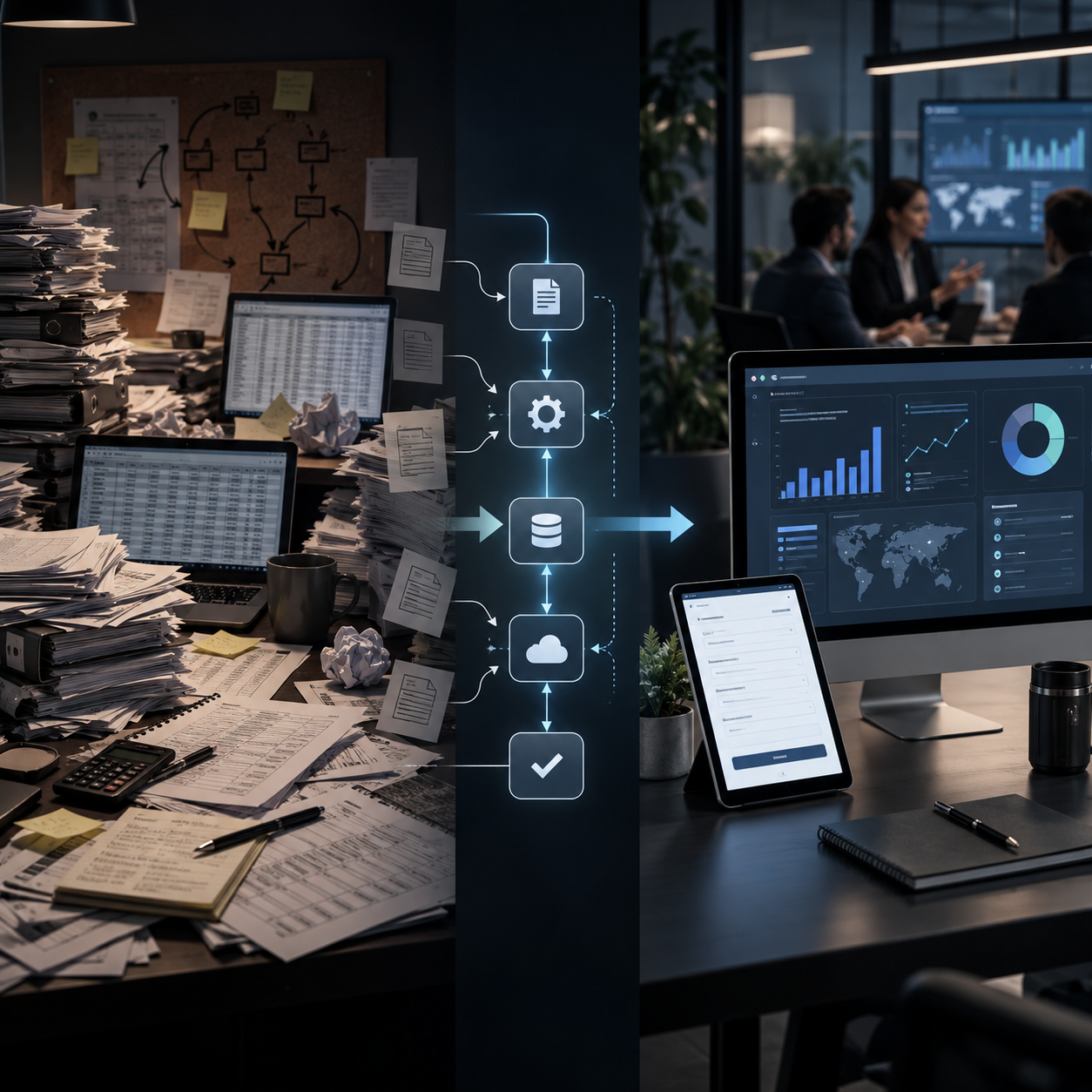 Office workspace split into two scenes: the left side shows a cluttered desk with piles of papers, spreadsheets, a calculator, a coffee mug, and crumpled paper; the right side depicts a clean, organized workspace with computers displaying data charts, an iPad, and meeting people in a conference room.