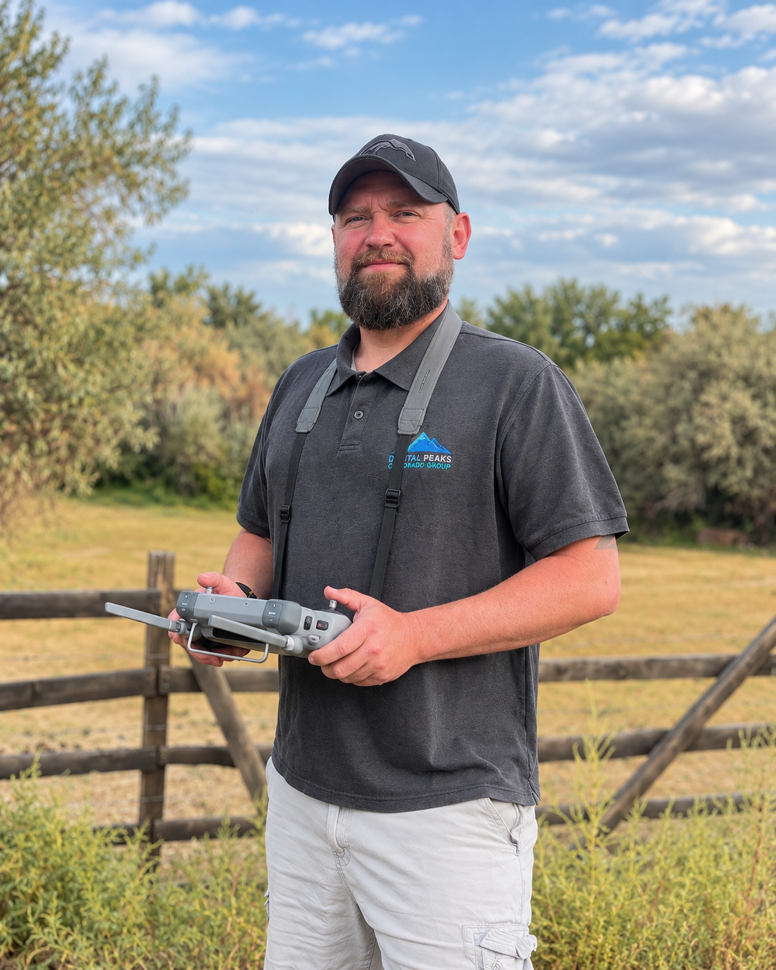 Man standing outdoors holding a drone remote controller, wearing a black polo shirt with a logo, beige shorts, and a black cap, with trees and a fence in the background.