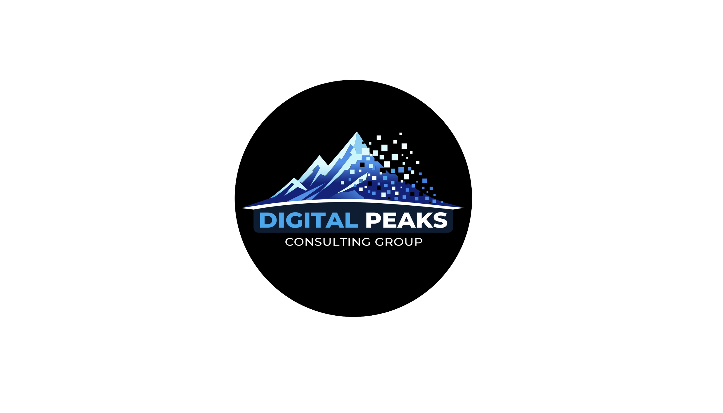 Logo for Digital Peaks Consulting Group featuring stylized blue mountain peaks and pixelated effects.